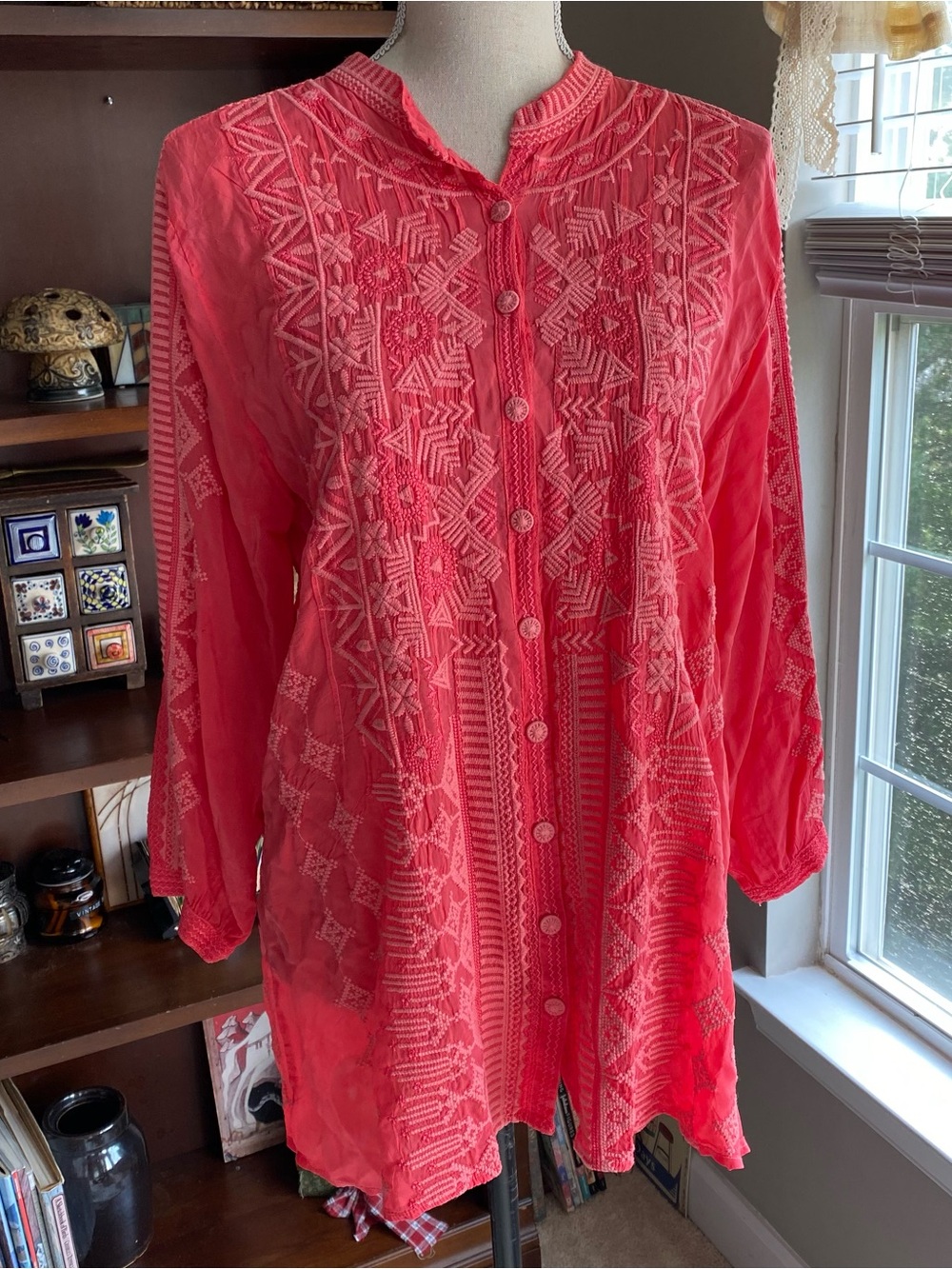 Johnny Was Embroidered Coral Orange Button-Up Tunic Blouse Womans Size Medium EU